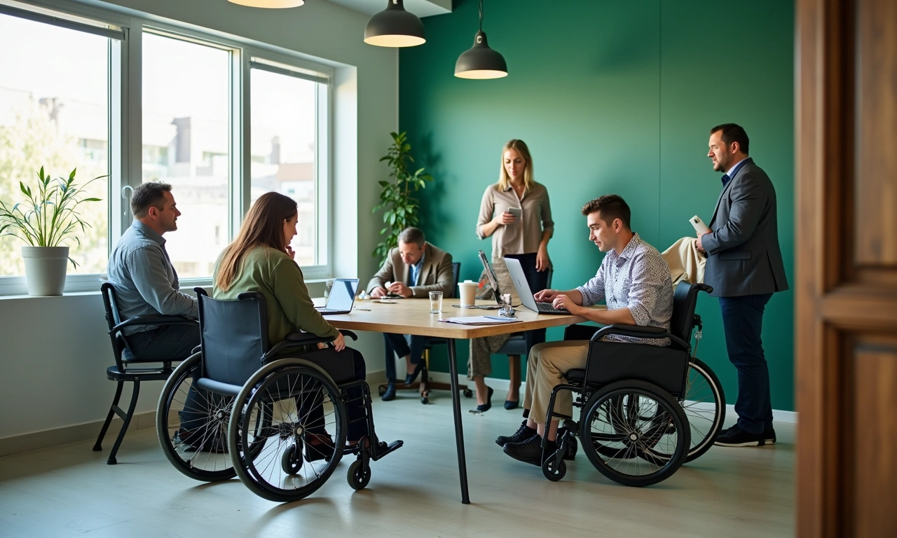 Diverse business professionals collaborating in accessible modern Utah office