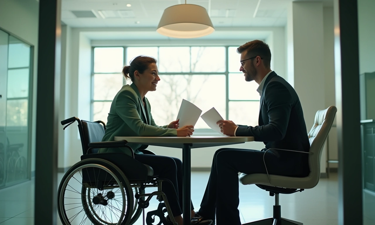 Business professional in wheelchair reviewing documents with colleague