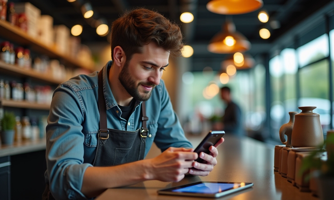 Small business owner glancing at a loan approval notification on a phone at a shop counter, a live bank-feed dashboard visible on a nearby tablet