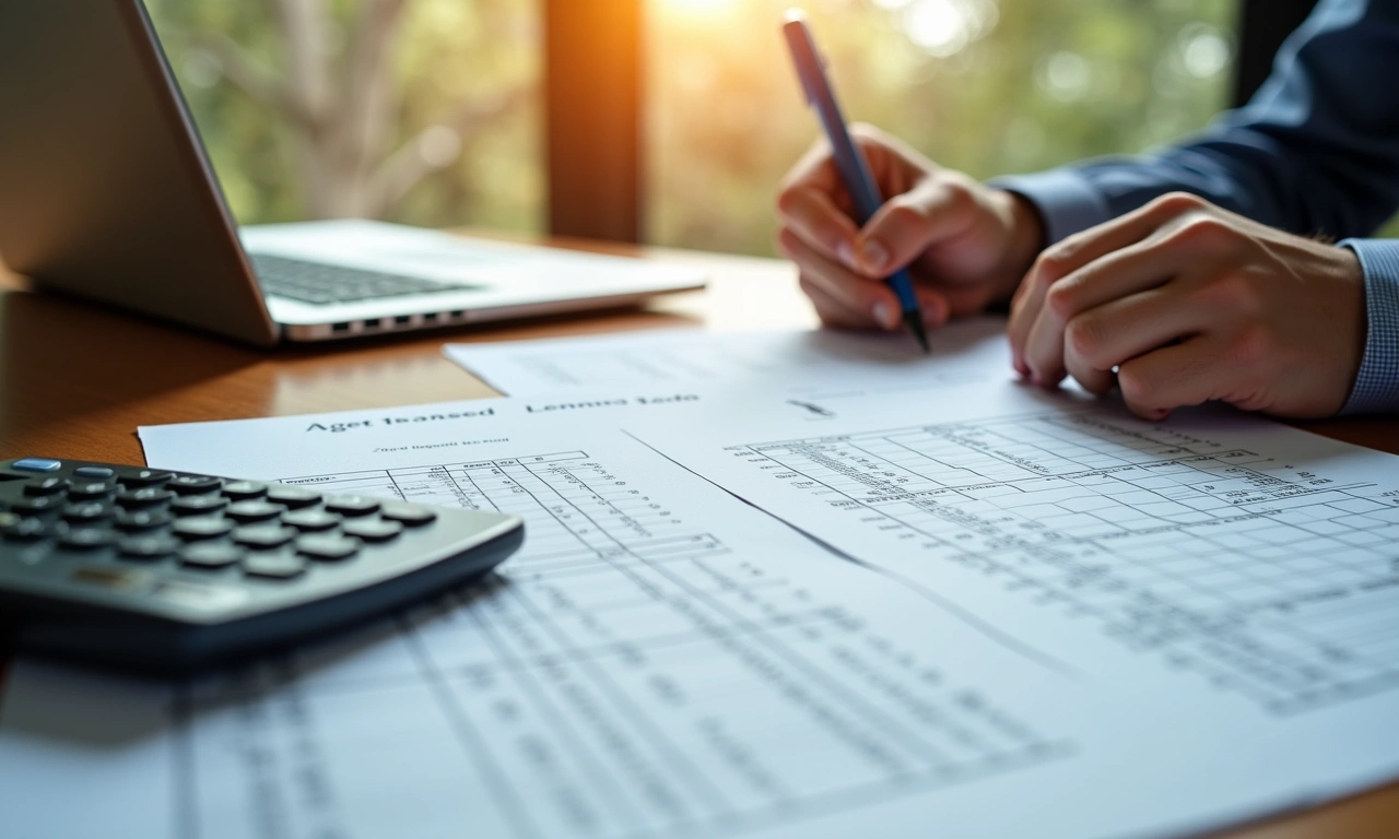 Business owner reviewing an asset-based lending rate and fee worksheet at a desk