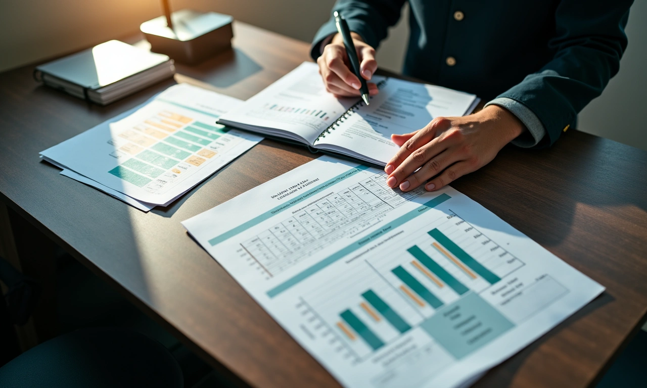 Loan analyst reviewing accounts receivable aging report and inventory documentation at a desk