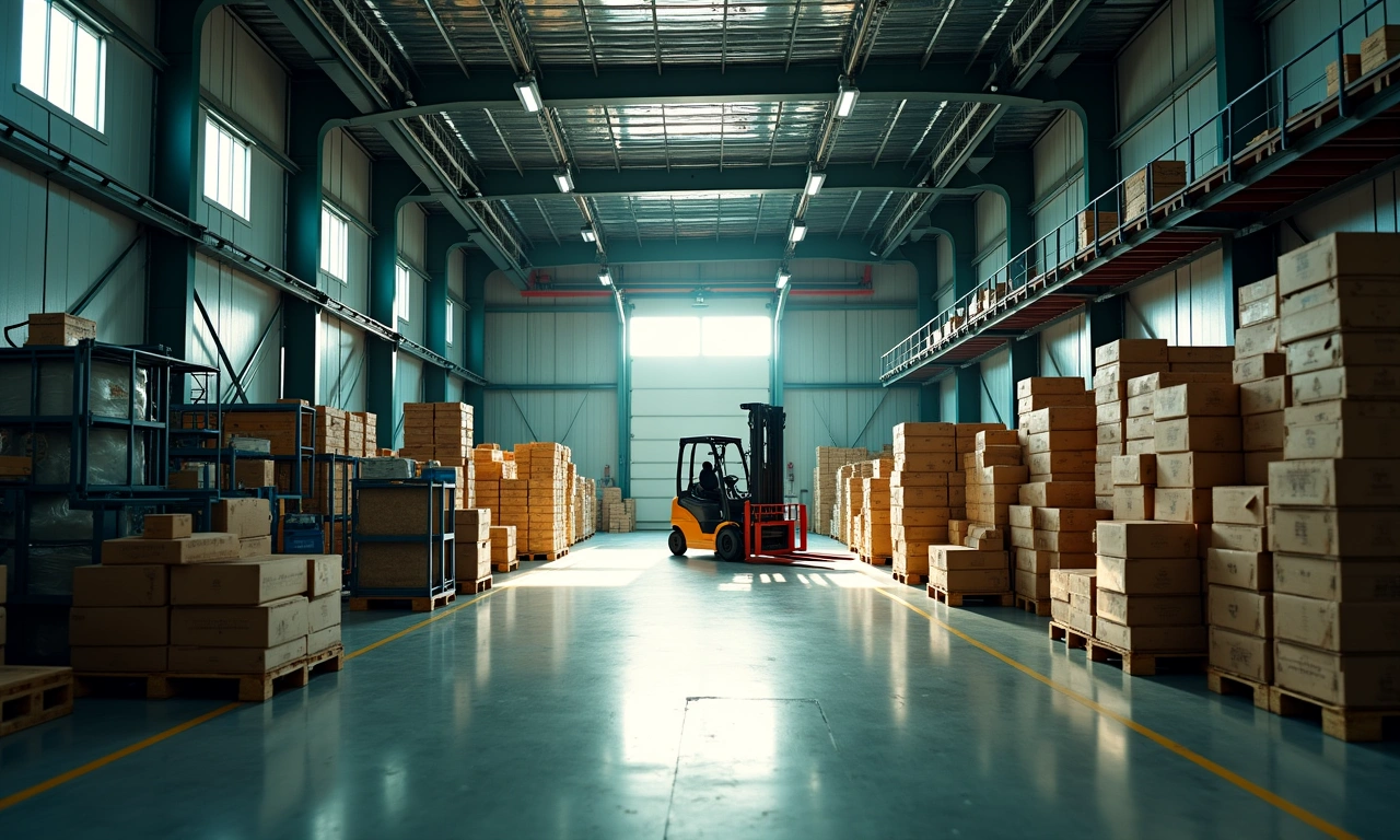 Manufacturing warehouse floor with production equipment on one side and stacked packaged inventory on the other
