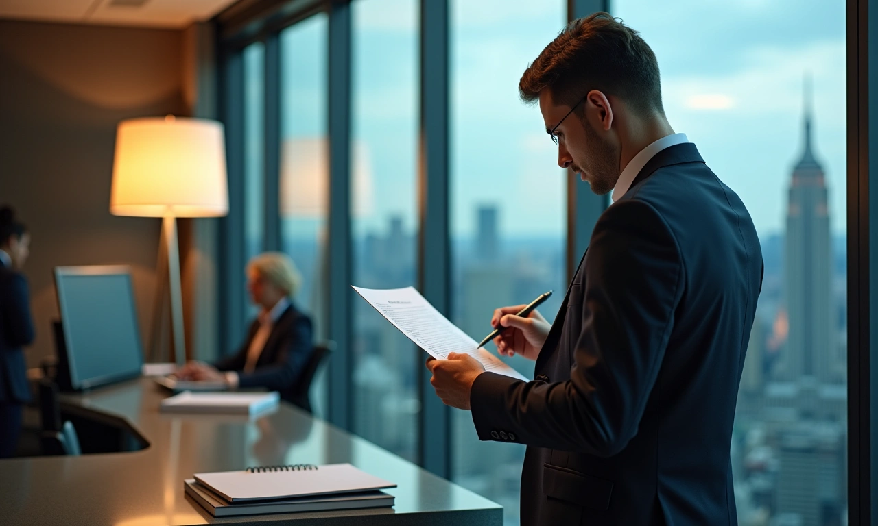Regional bank branch manager reviewing a printed bond offering memorandum near a glass-walled back office at dusk
