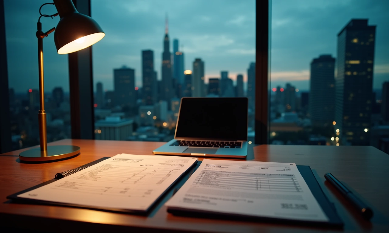 Private credit underwriter reviewing an asset-based lending collateral file at a desk in the evening