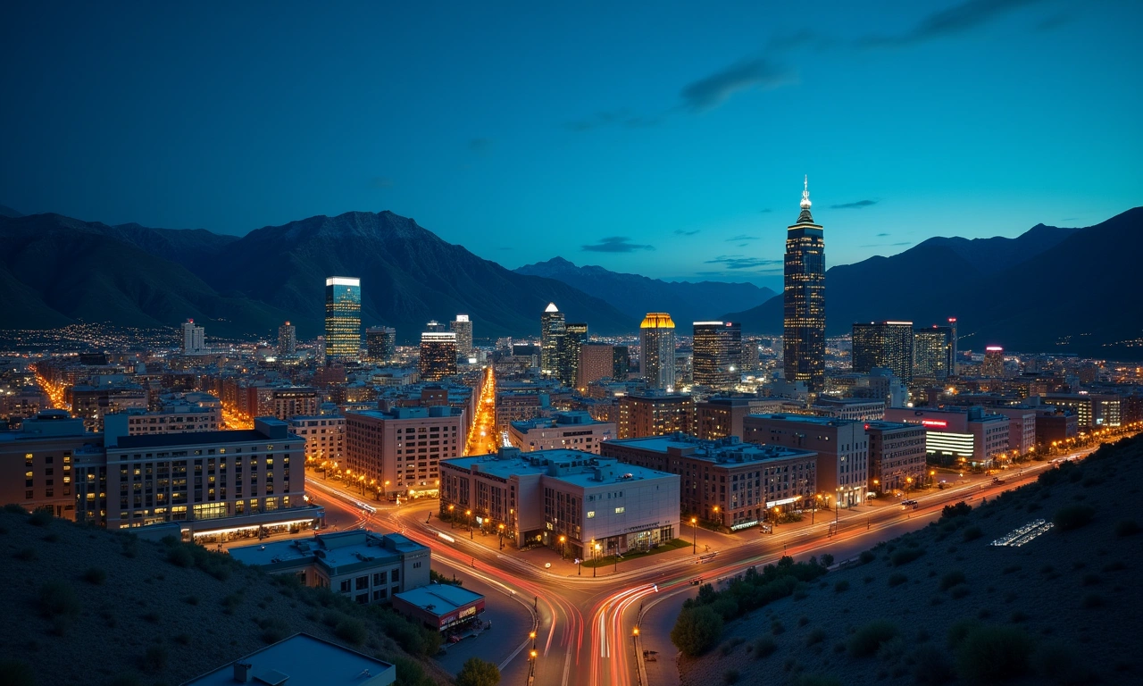Salt Lake Valley aerial panoramic with Wasatch Mountains at golden hour, cinematic wide-angle editorial
