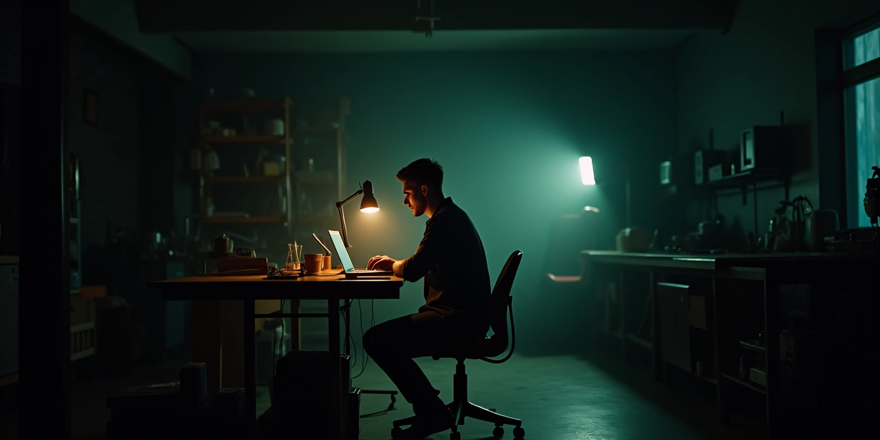 Founder working at a minimal desk setup, building a bootstrapped startup from scratch