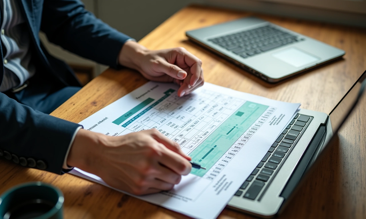 Business owner reviewing a borrowing base certificate spreadsheet with accounts receivable and inventory figures at a desk