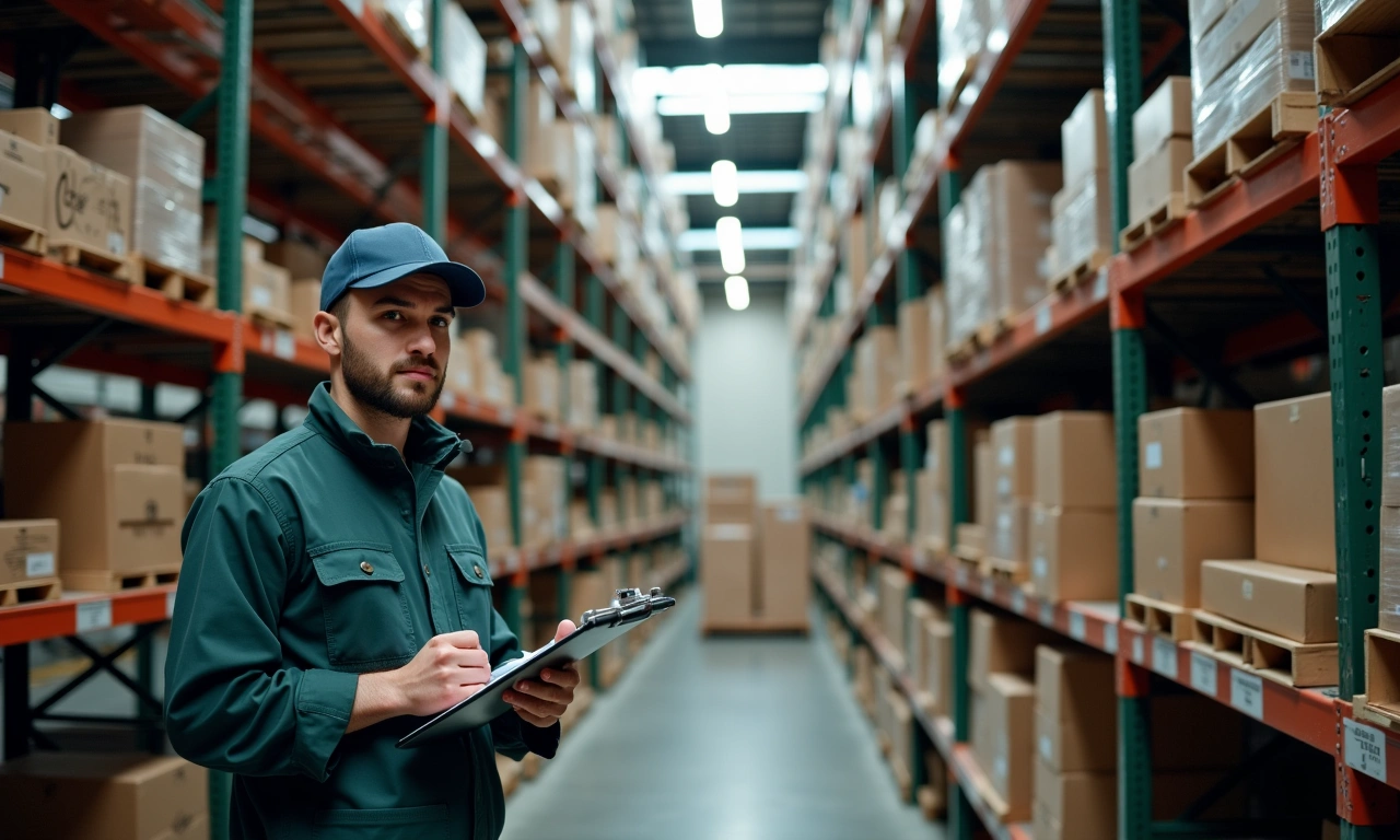 Warehouse worker counting finished goods inventory on shelving racks near a separated pallet of raw materials