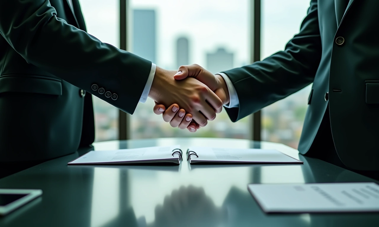 Business buyer and seller reviewing acquisition term sheet and valuation documents