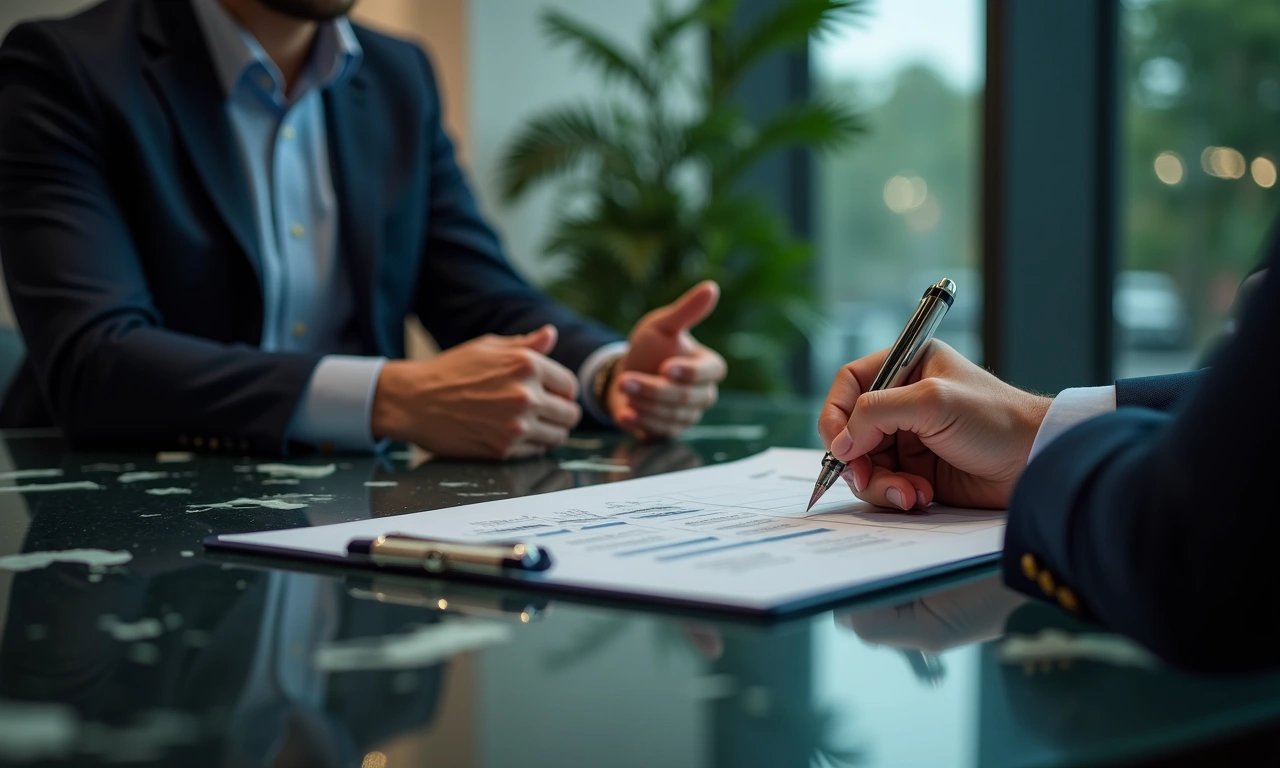 Executive reviewing business line of credit agreement with fee schedule at Utah bank