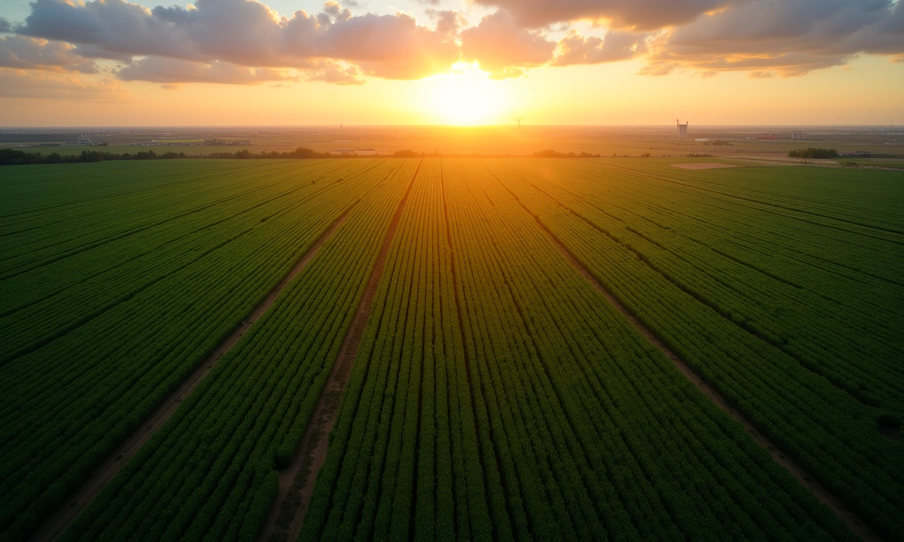 Aerial view of organized agricultural fields at golden hour, Utah mountain range on horizon, cinematic editorial