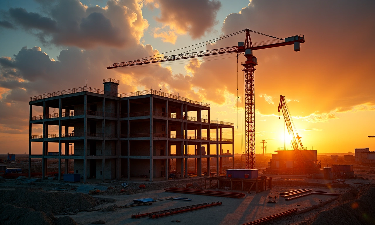 Active commercial construction site with steel frame against dramatic sky, wide-angle editorial