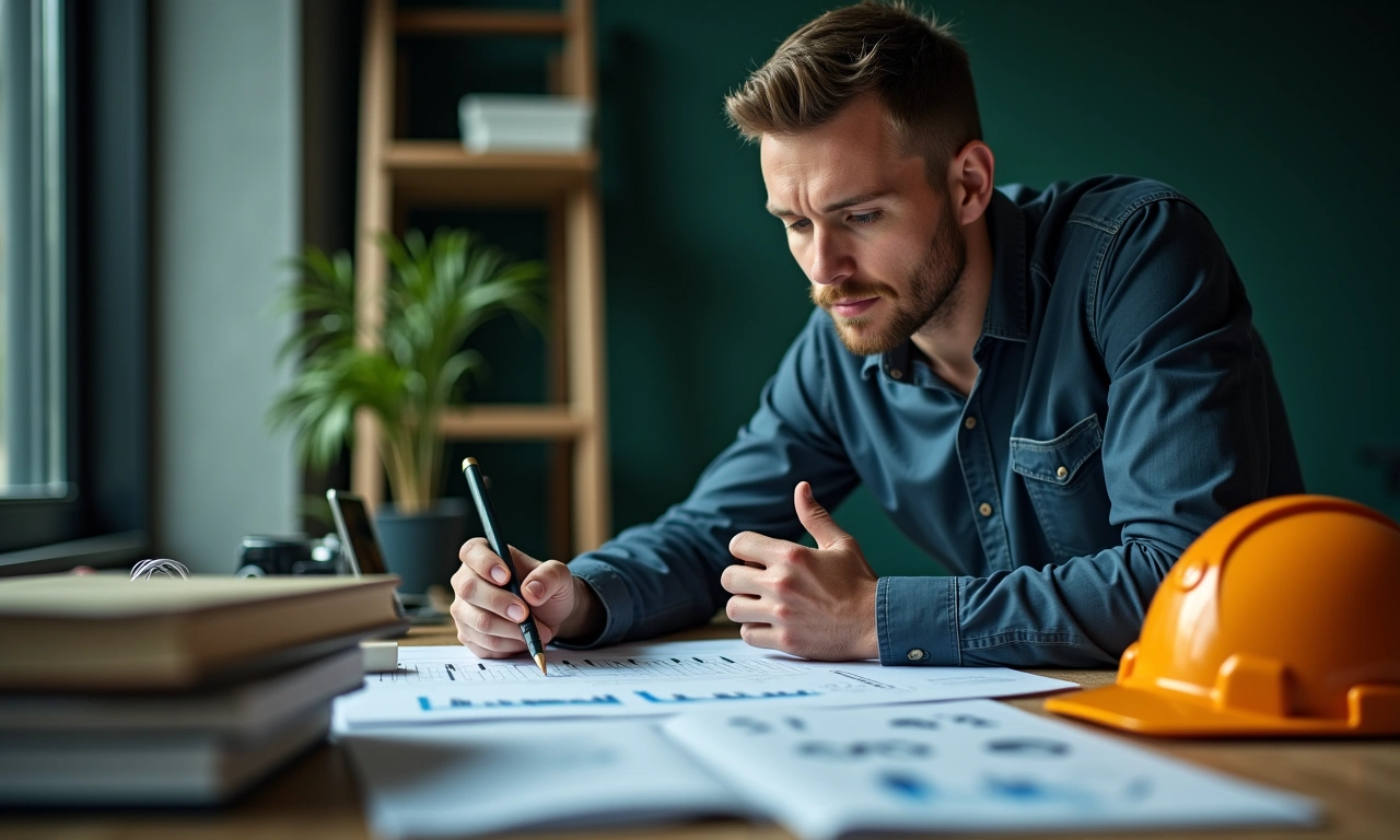 Construction company executive reviewing project financing documents and blueprints