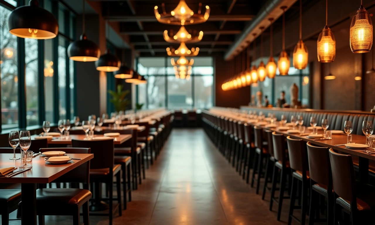 Upscale restaurant interior with professional kitchen in background, editorial photography