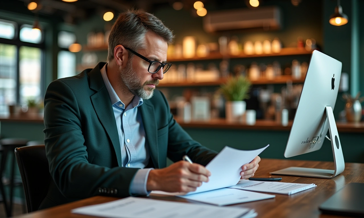Restaurant owner reviewing credit line documents at executive desk before morning service