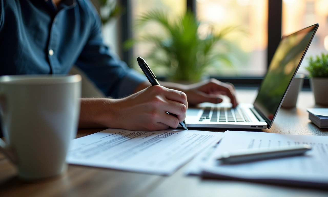 Startup founder reviewing a business line of credit term sheet on a laptop at a small office desk