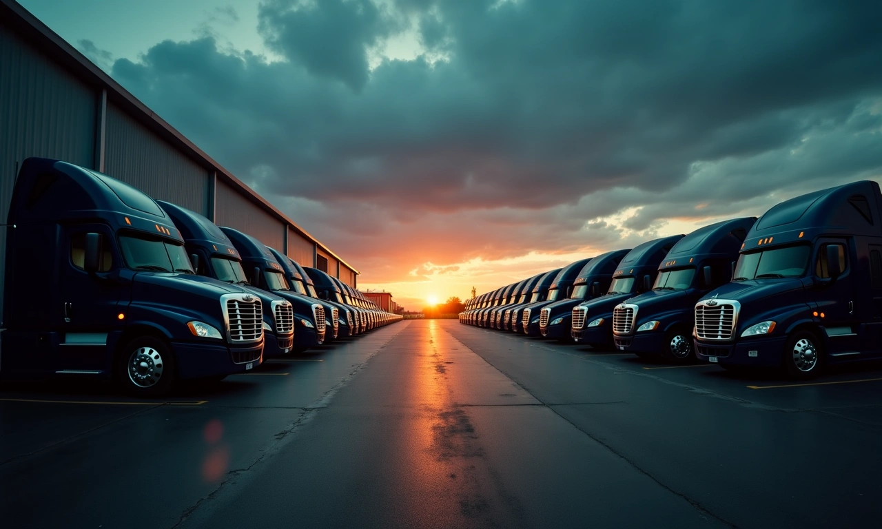 Modern semi-truck fleet parked in organized yard at sunrise, cinematic wide-angle editorial