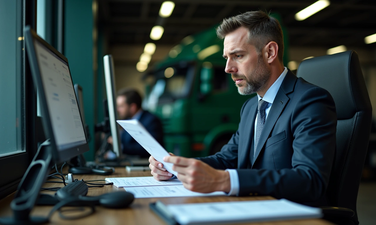 Trucking company owner reviewing fleet financing documents at professional office