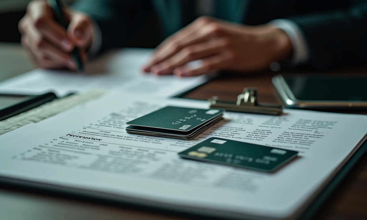 Business executive comparing credit card statement to line of credit terms on desk