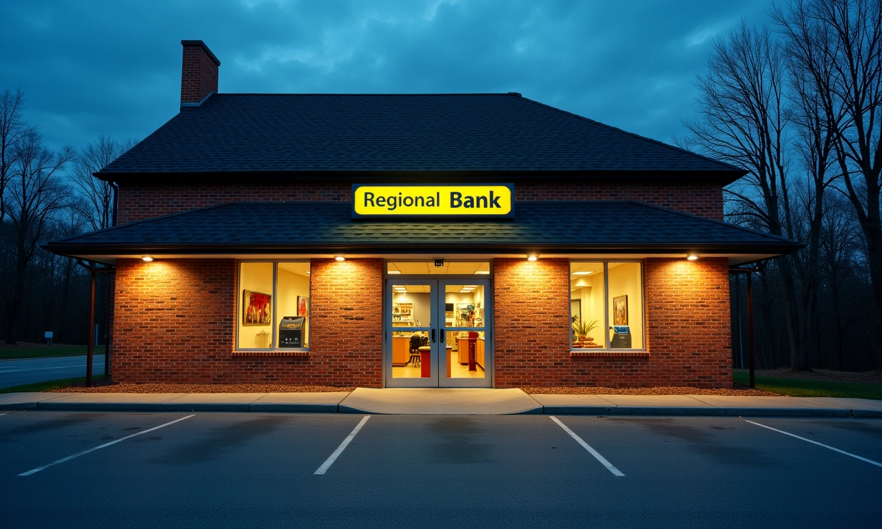 Brick bank branch facade at dusk with warm light in the windows