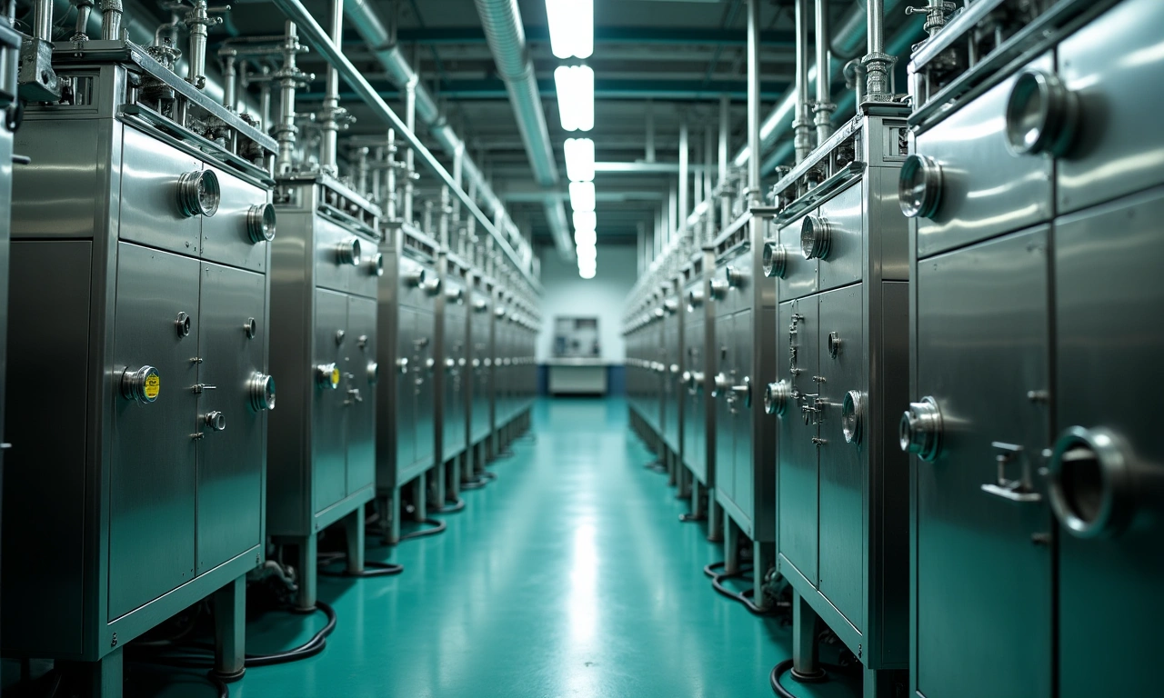 Stainless steel processing equipment inside a clean laboratory with lit work surfaces