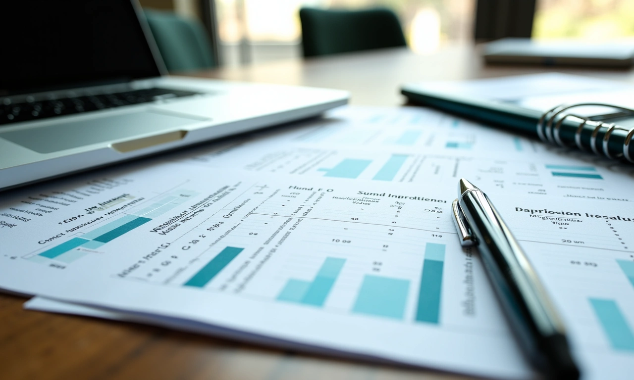 Overhead view of financial statements, tax forms and a license folder spread on a desk