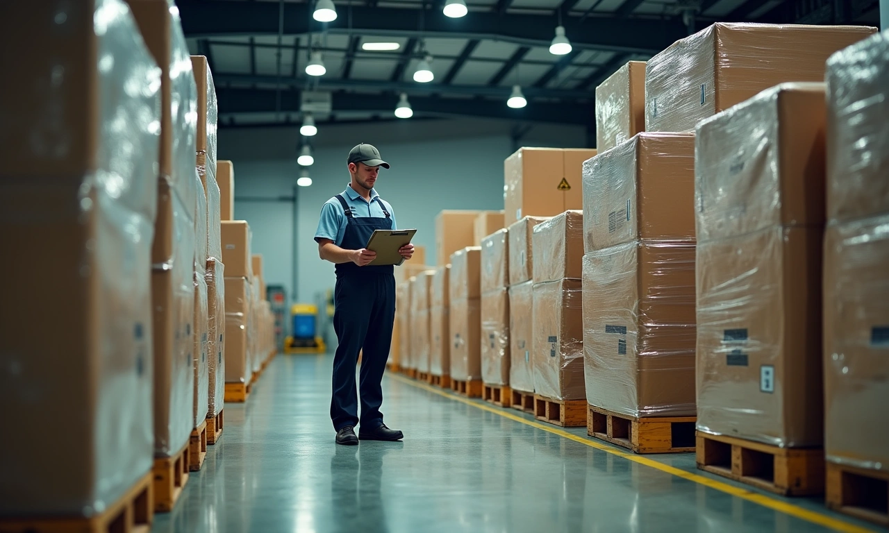 Warehouse packing area with pallets of sealed product boxes and a clipboard on a steel shelf