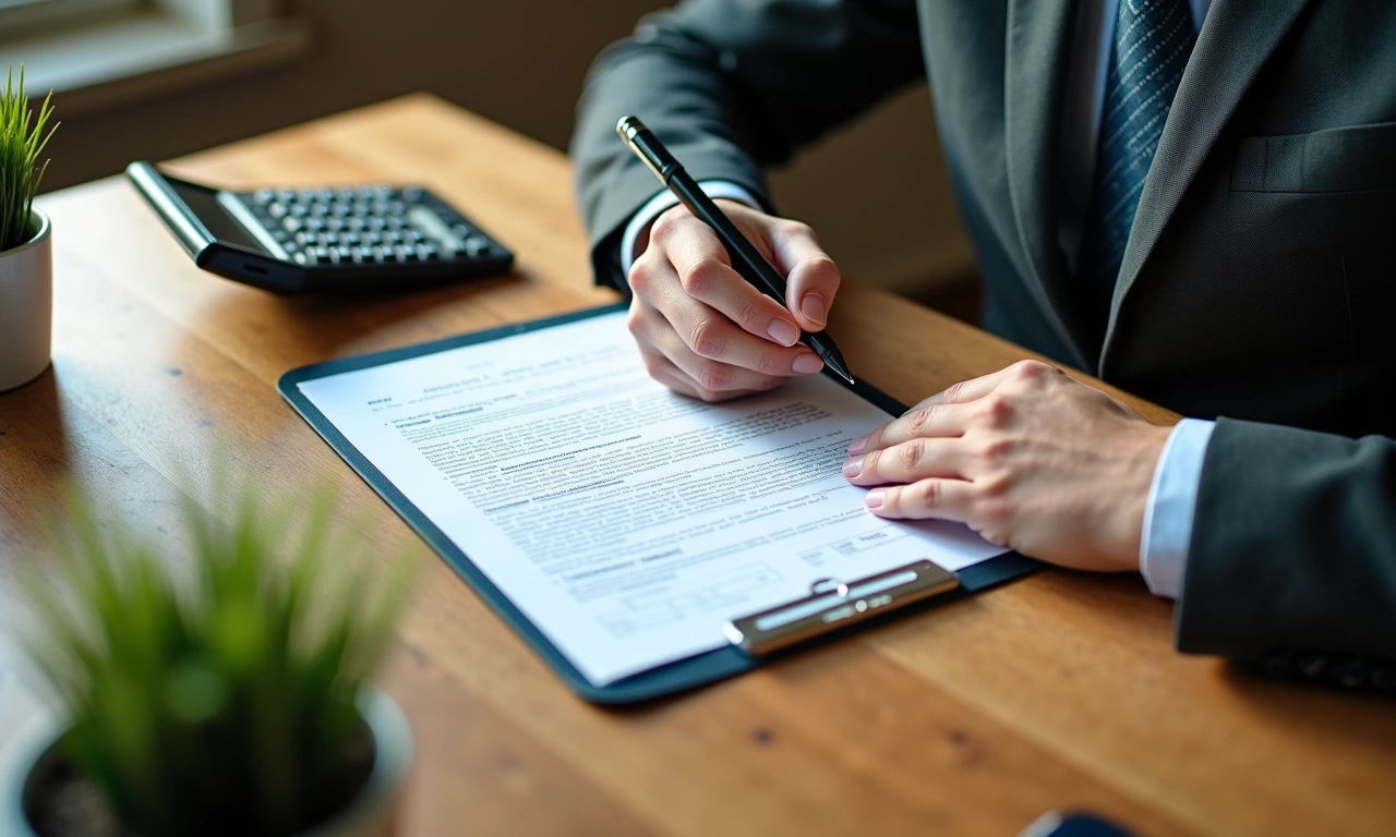 Business owner studying a printed advance agreement with a calculator and pen on a wooden desk