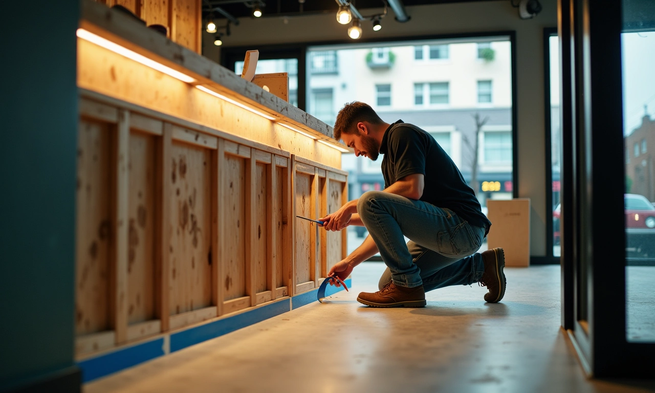 Small storefront interior under renovation with a person measuring a counter by work lights