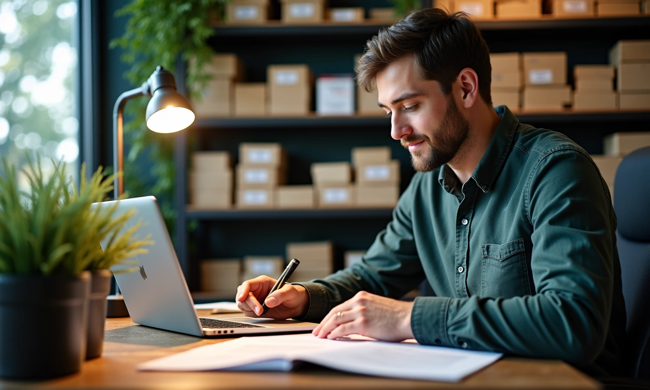 Dispensary owner reviewing inventory sheets at a back office desk with sealed product boxes on shelves behind