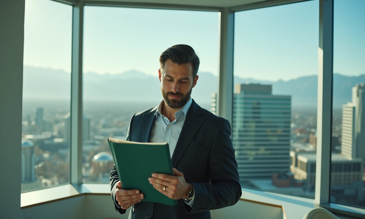 Chief credit officer reviewing files in executive corner office