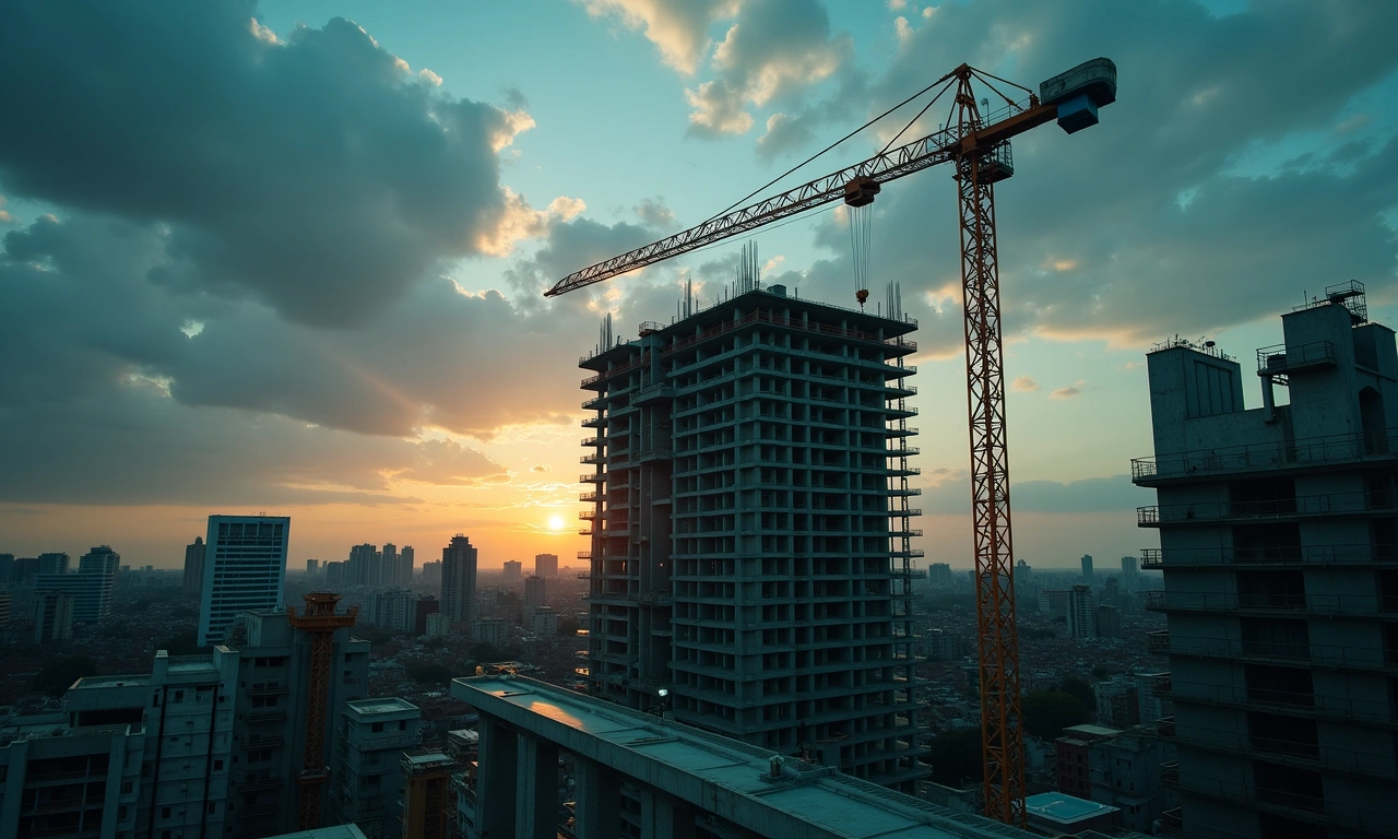 Commercial construction site with steel framing and heavy equipment at a business build project