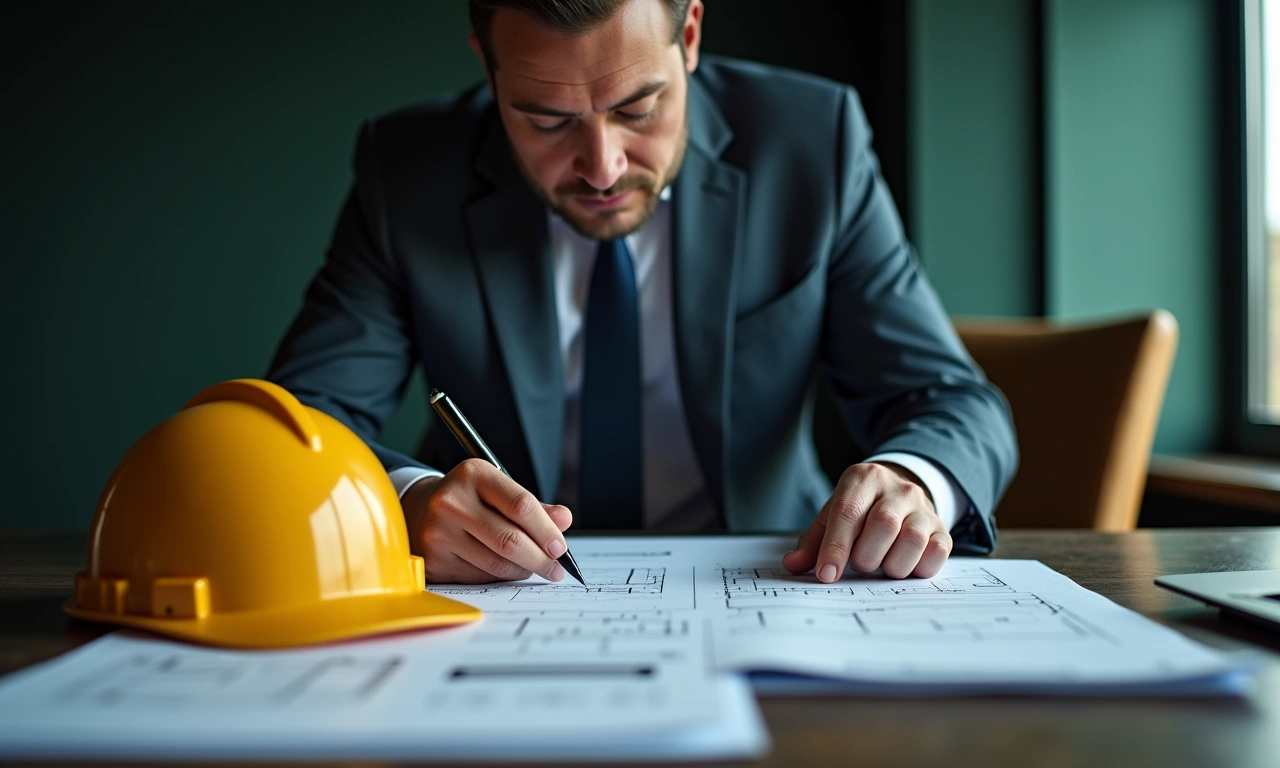 Architect reviewing commercial building blueprints with contractor at construction loan funded project site