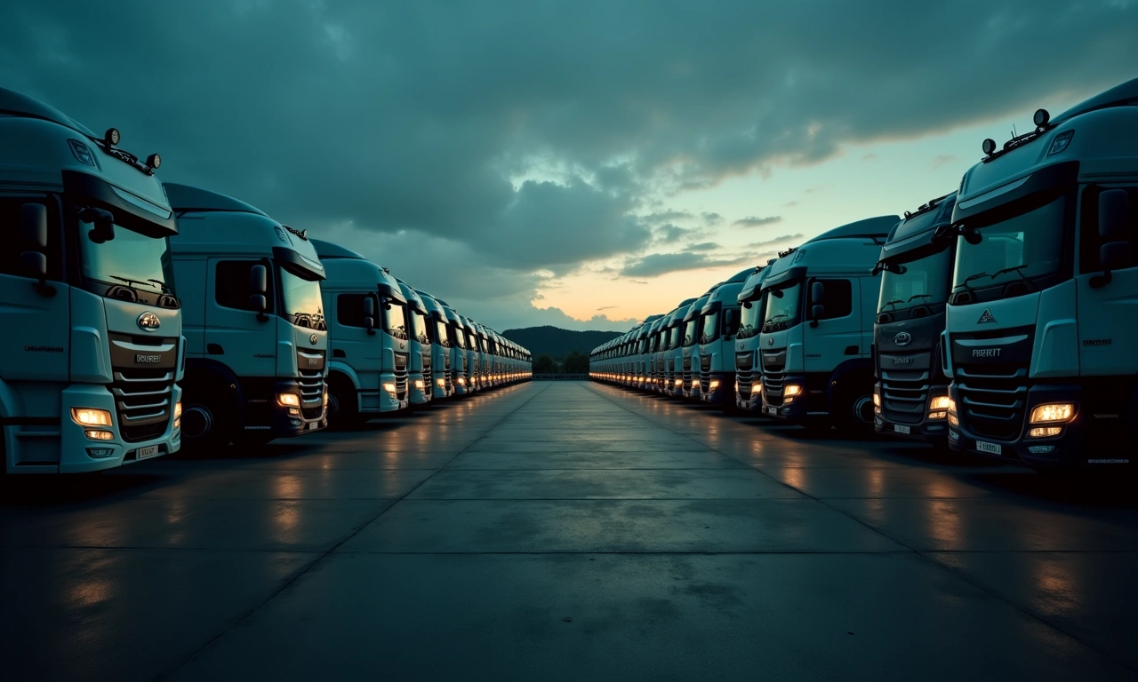 Row of commercial work trucks and vans parked at a business fleet vehicle financing lot