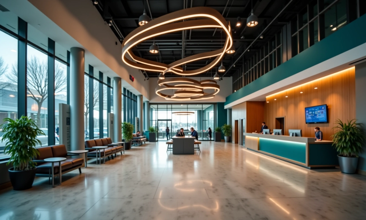 Modern credit union branch lobby interior, professional financial environment