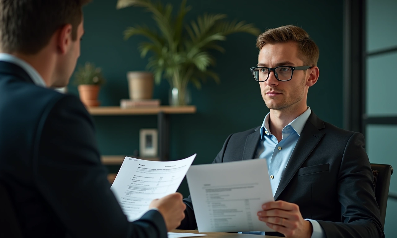 Business professional meeting with credit advisor reviewing financial documents in private office