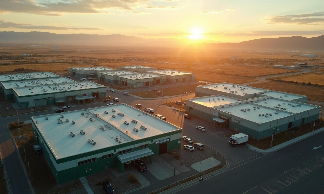 Davis County Utah industrial park aerial view at dawn