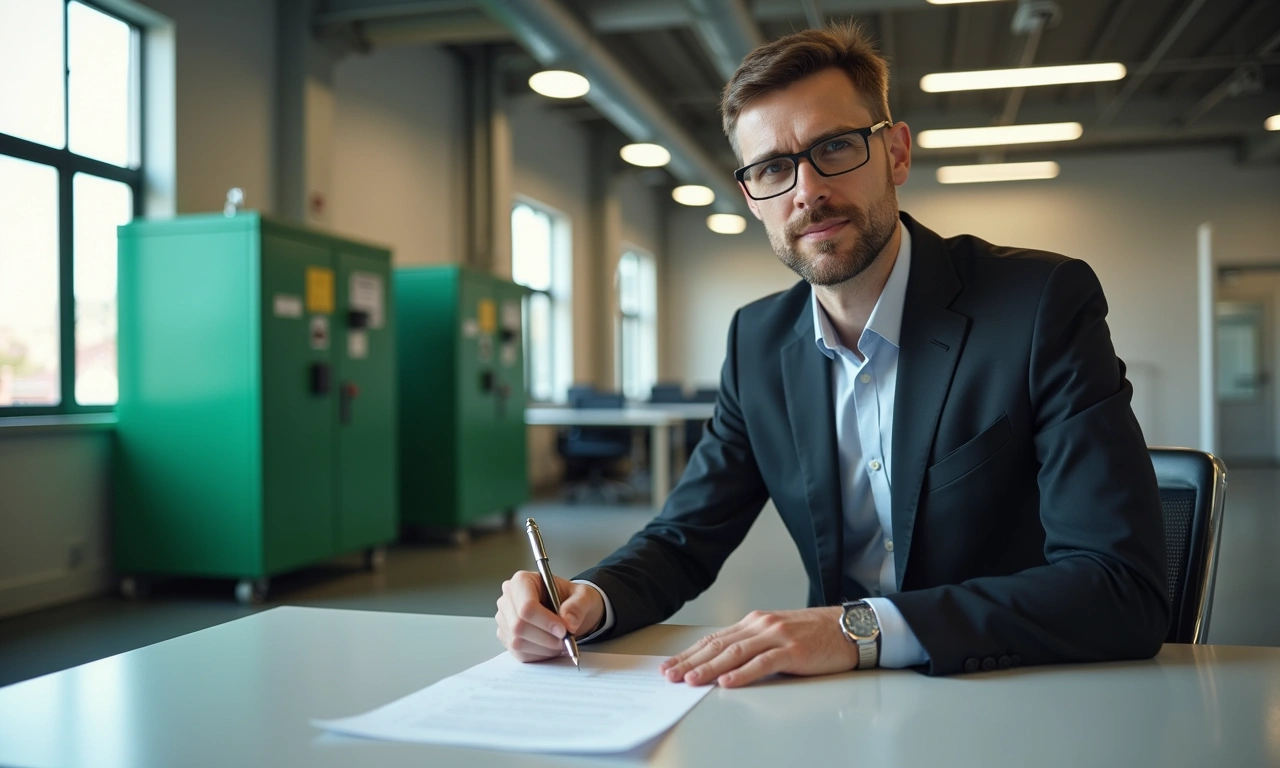Business owner signing commercial expansion loan in industrial office