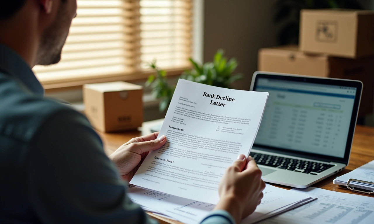 Small business owner reviewing a bank decline letter alongside invoices and equipment records