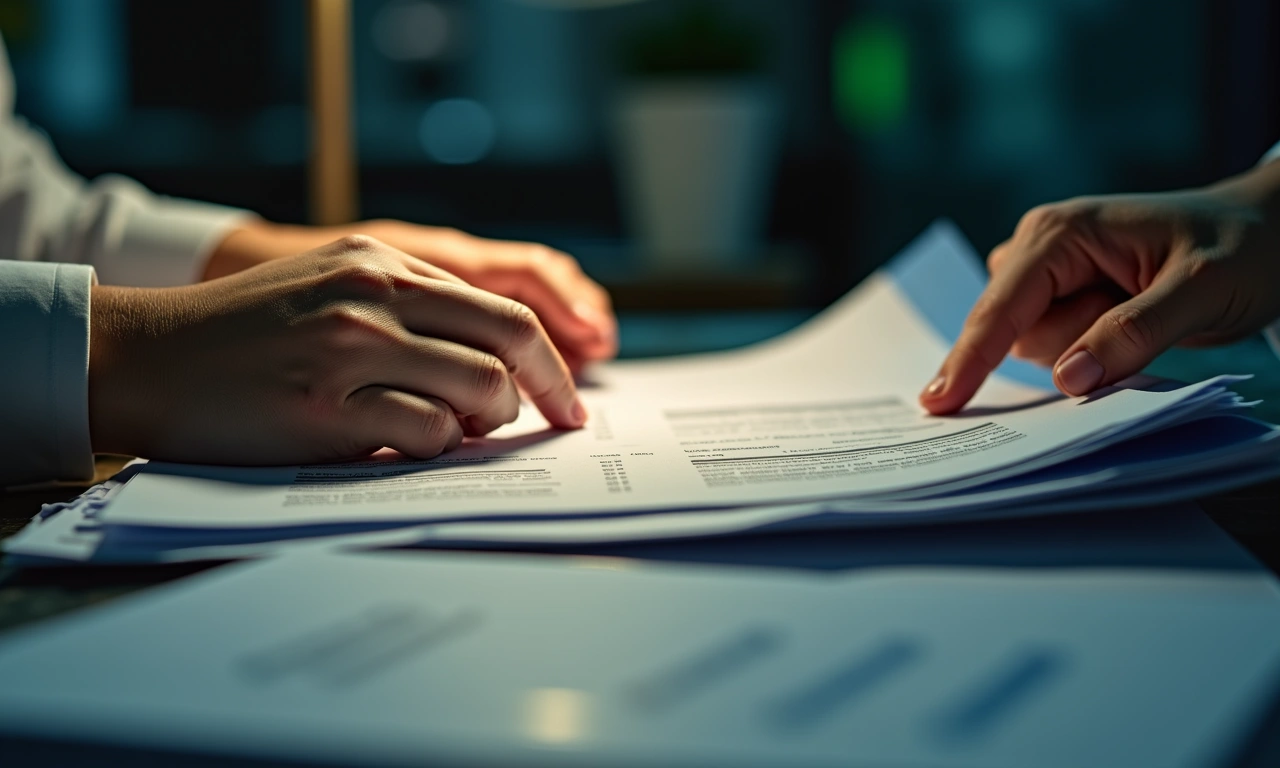 Business owner sorting a bank decline letter next to receivables aging reports and equipment records