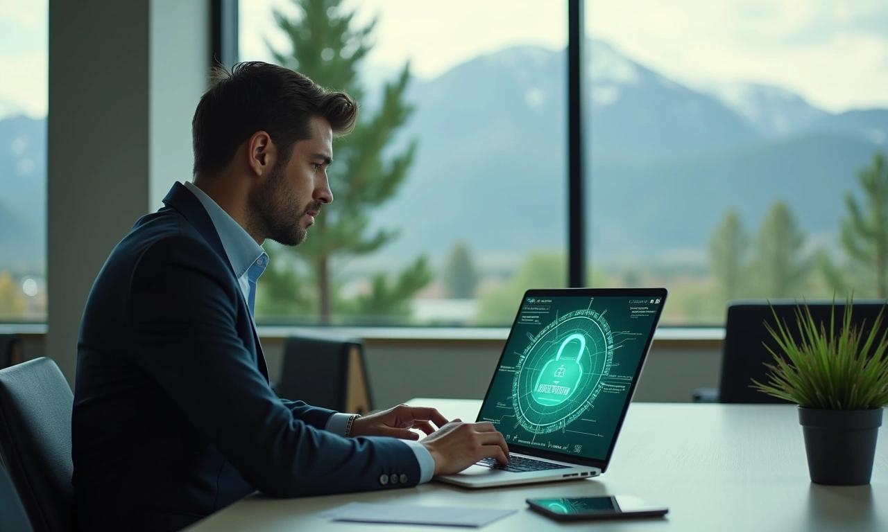Utah executive accessing secure online banking interface with encryption