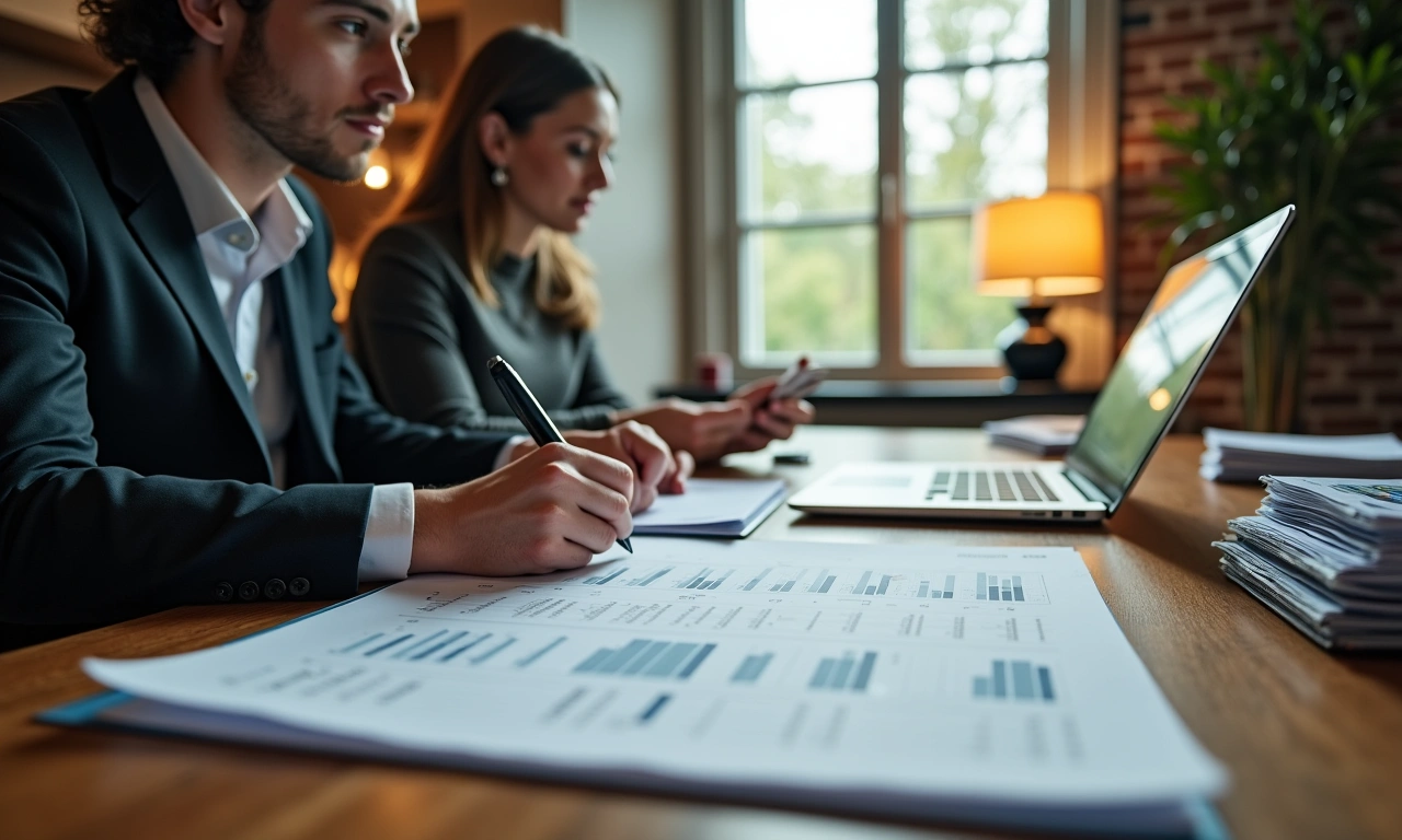 Bookkeeper and business owner reviewing bound financial statements and a laptop at a conference table