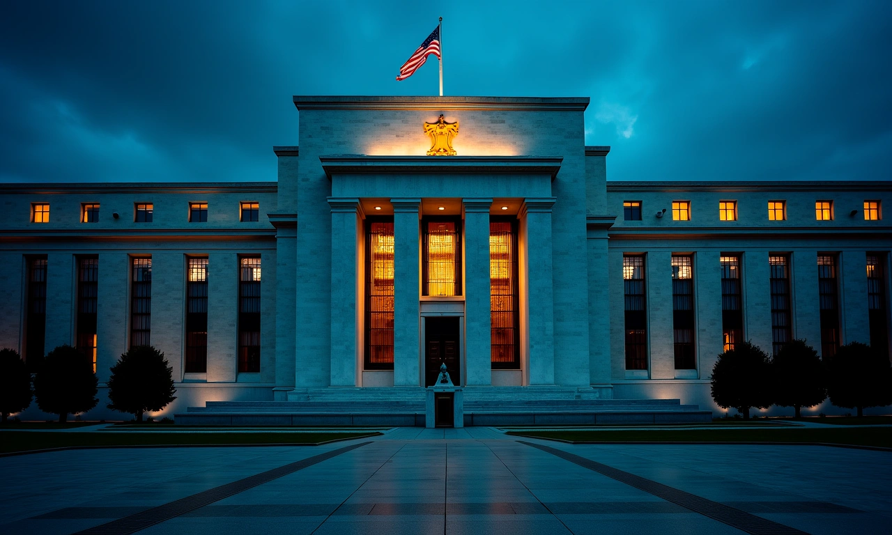 Federal Reserve building with rate chart overlaid showing 2025-2026 rate path