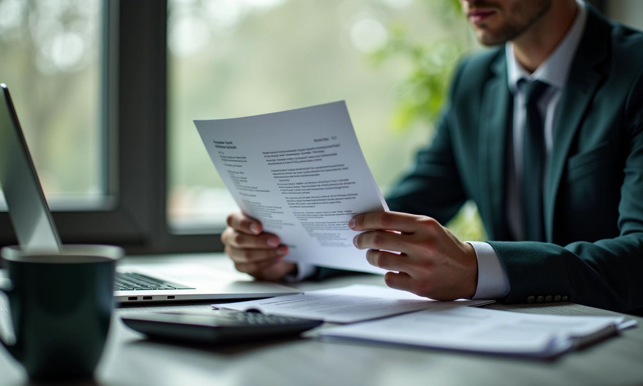 Business owner at an office desk reading a printed bank letter beside a laptop and calculator