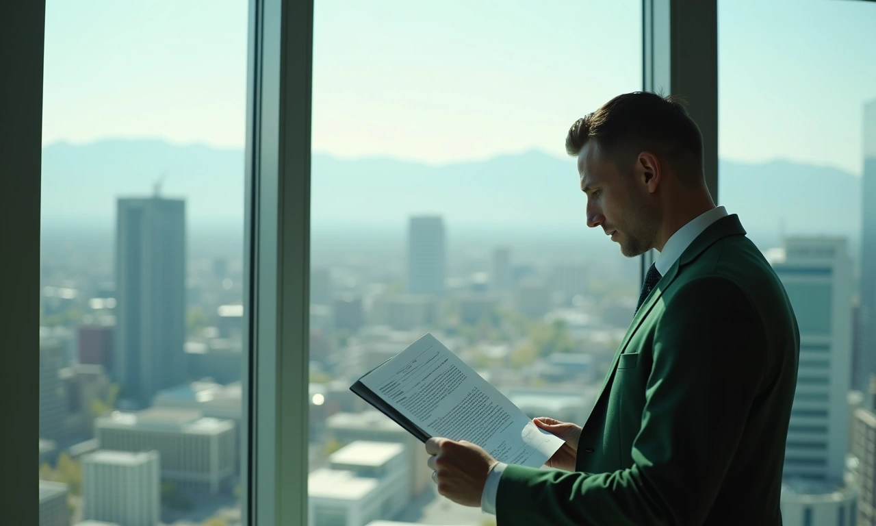 Utah executive studying revolving credit facility documents at window