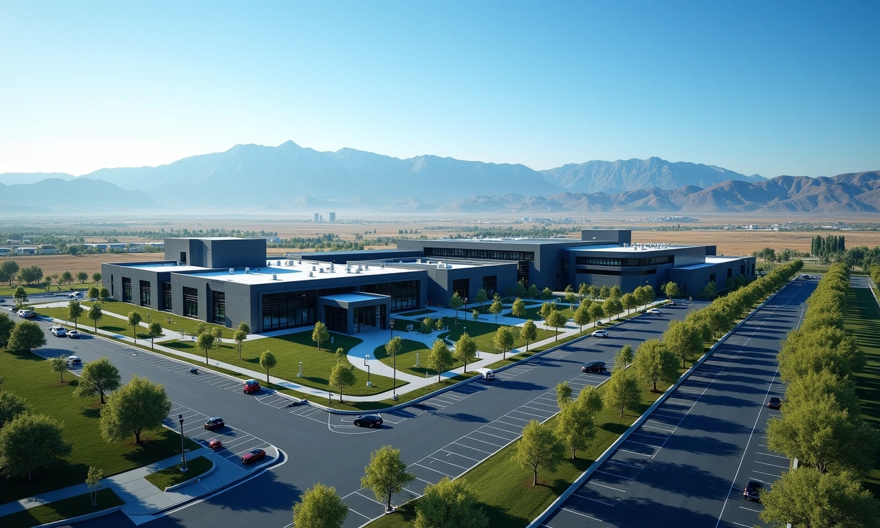 Lehi Utah suburban commercial corridor with tech campus buildings and Wasatch Mountains, golden hour editorial