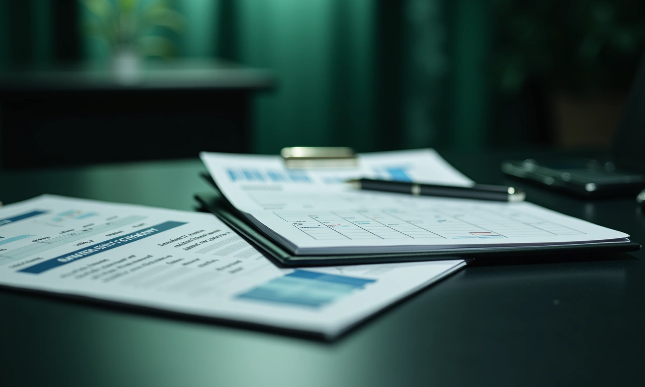 Strategic financial planning documents with draw schedule timeline on executive desk, dark cinematic editorial