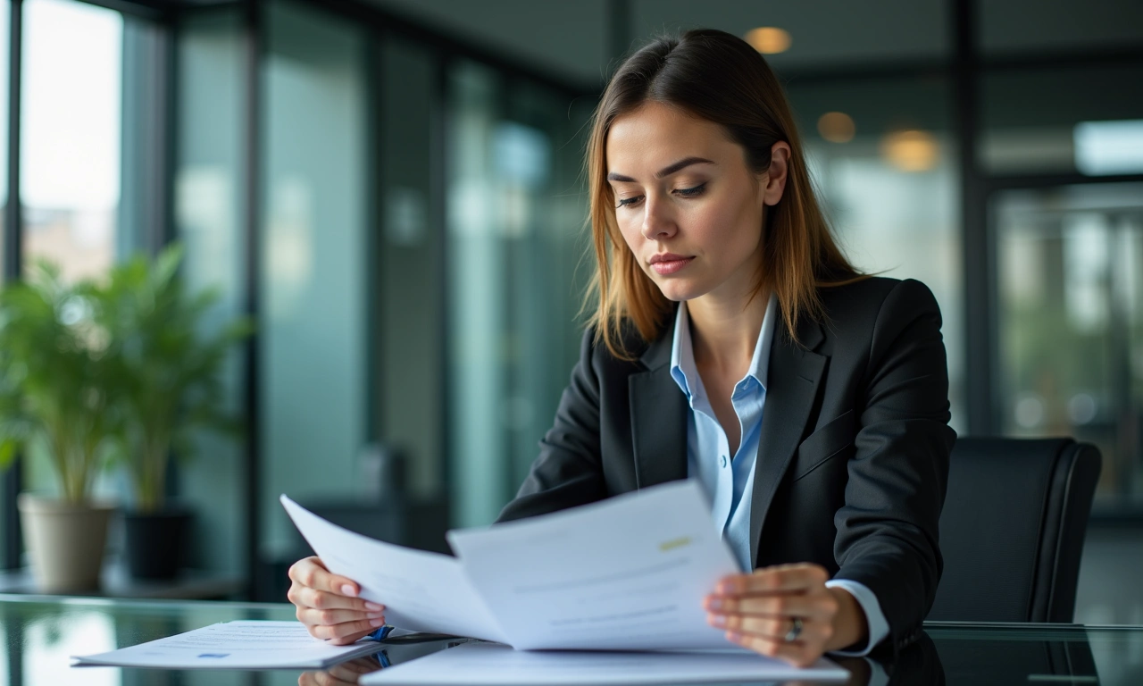 Women business executive reviewing credit line documents at professional modern desk, confident editorial portrait