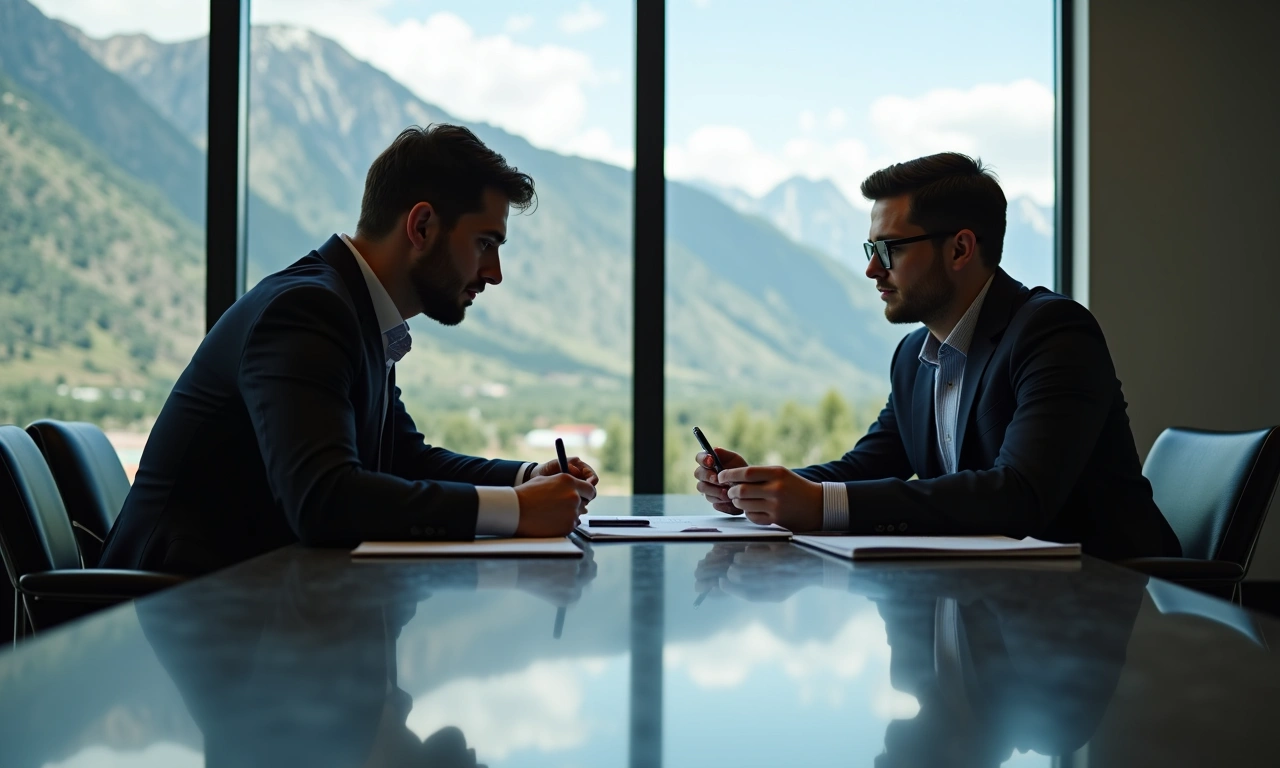 Business owner and financial advisor reviewing LOC qualification documents at conference table