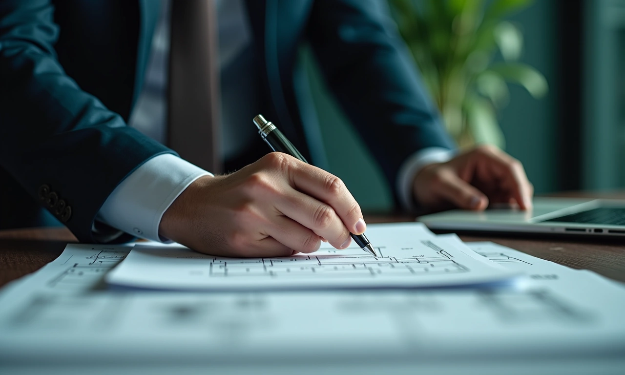 Commercial lender reviewing real estate loan documents with property developer